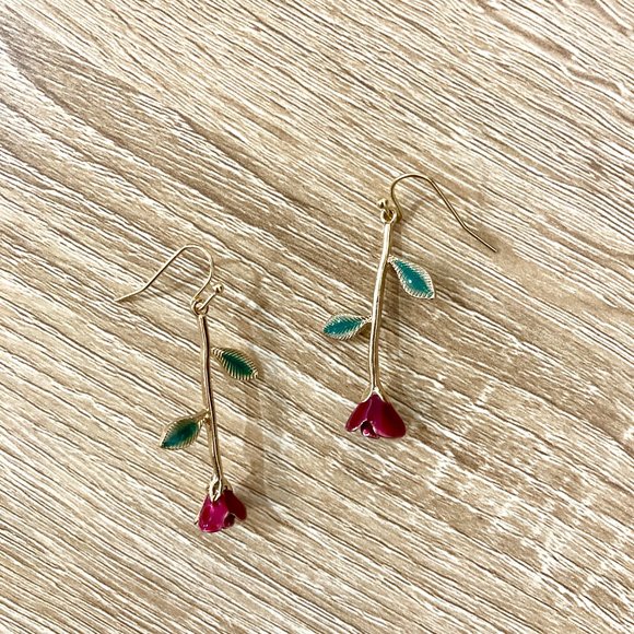 Crimson Red Rose Stem Leaflet Drop Dangle Gold Earrings - Picture 5 of 6